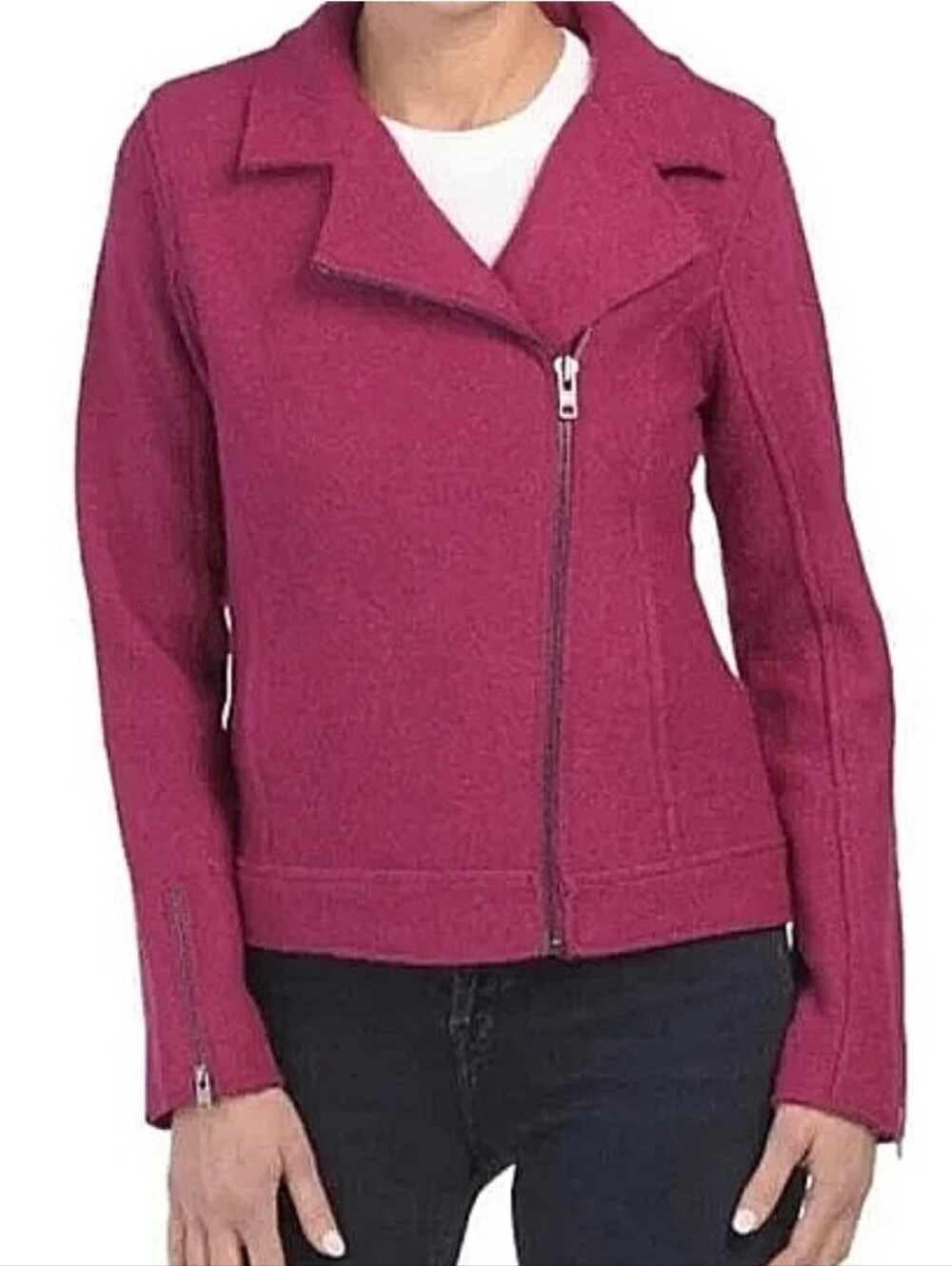 Tahari Wool Blend Coat Fuchsia Pink Moto Zip Front Classic Short Jacket MD